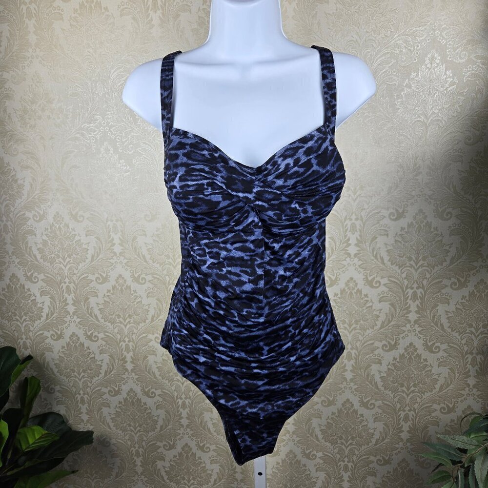 Nip Tuck Swim Size 12 Blue Black Leopard One Piece Swimsuit Multi Fit Cup